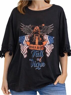 Women’s Plus Size Motorcycle Graphic Top with Fringe Sleeves - Size 3X